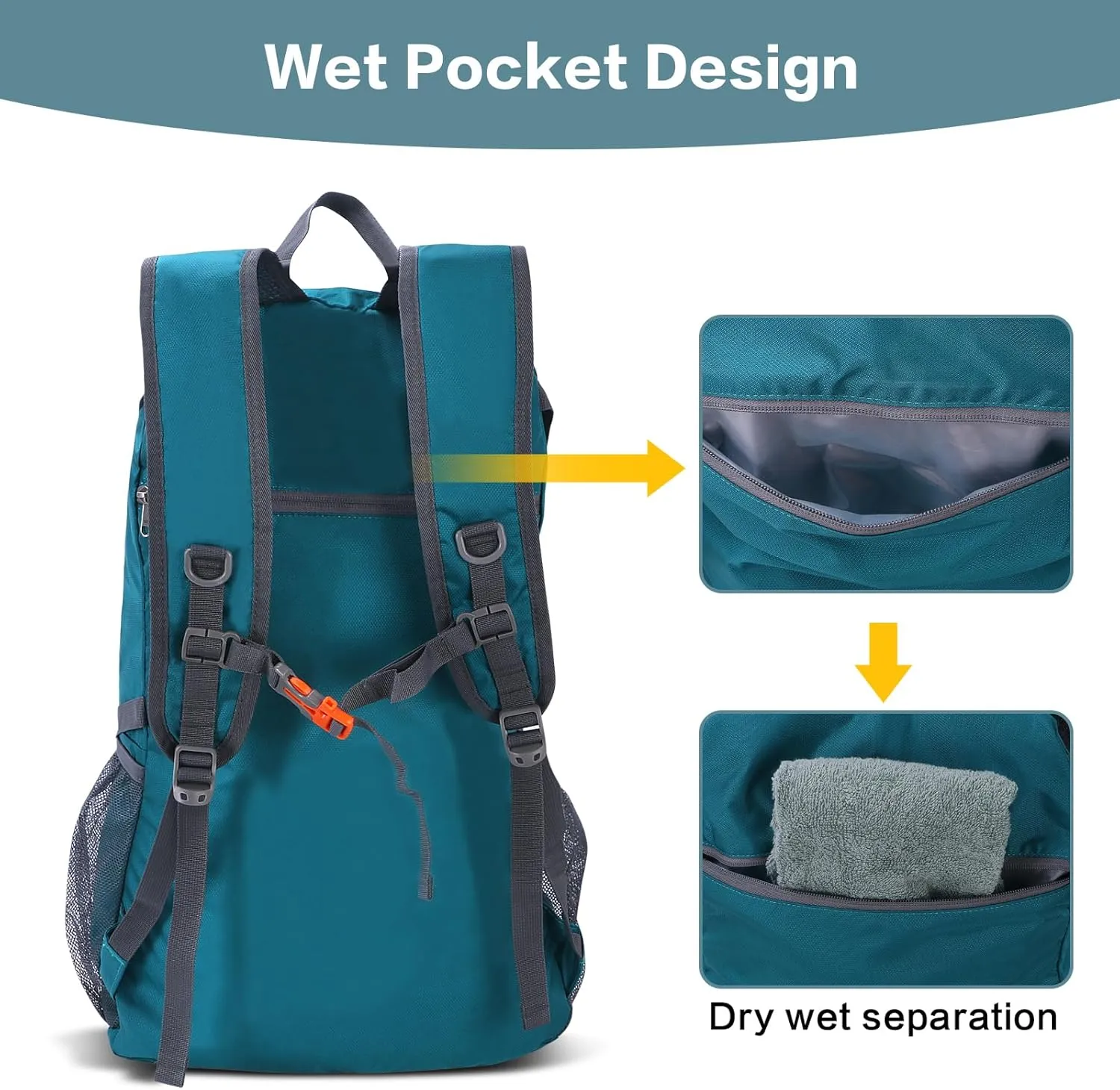 40L Hiking Backpack, Lightweight Foldable Hiking Daypack with Wet Pocket, Waterproof Travel Camping Bag for Men Women