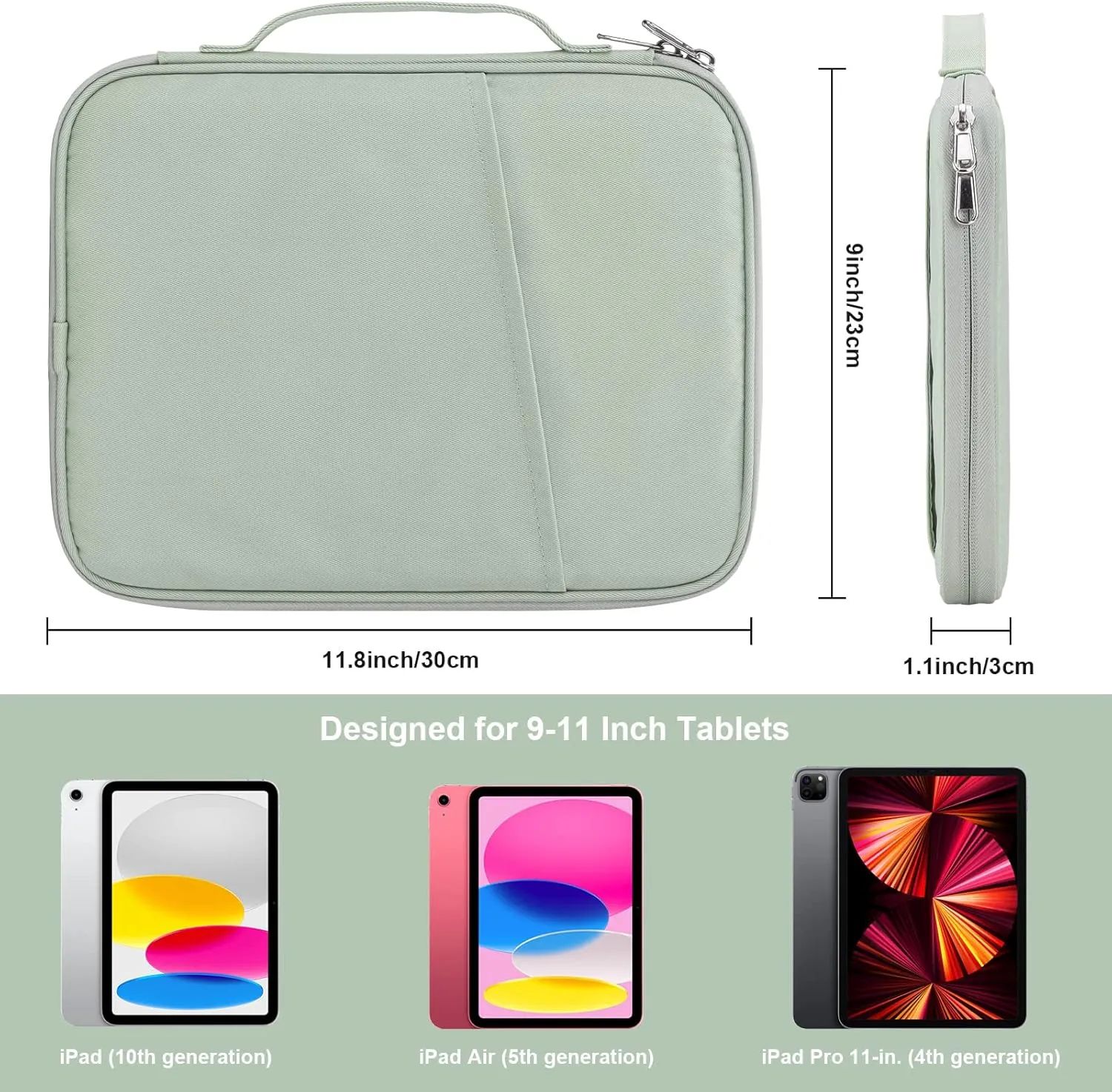9-11 Inch Tablet Carrying Sleeve, Padded Travel Bag for iPad Pro 11-in (M4), iPad 10.9 (10th Gen), iPad Air 11-in (M2), Galaxy Tab S9/S8 (Green-Updated Version, 9-11)