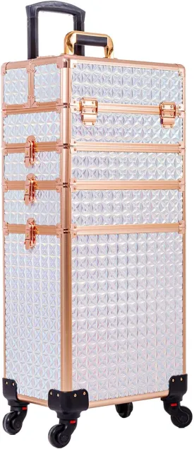 AROUS 5 in 1 Professional Makeup Train Case Aluminum Cosmetic Case Rolling Makeup Case Extra Large Trolley Makeup Travel Organizer, with 360 Swivel Wheels, White and Gold, JG0001