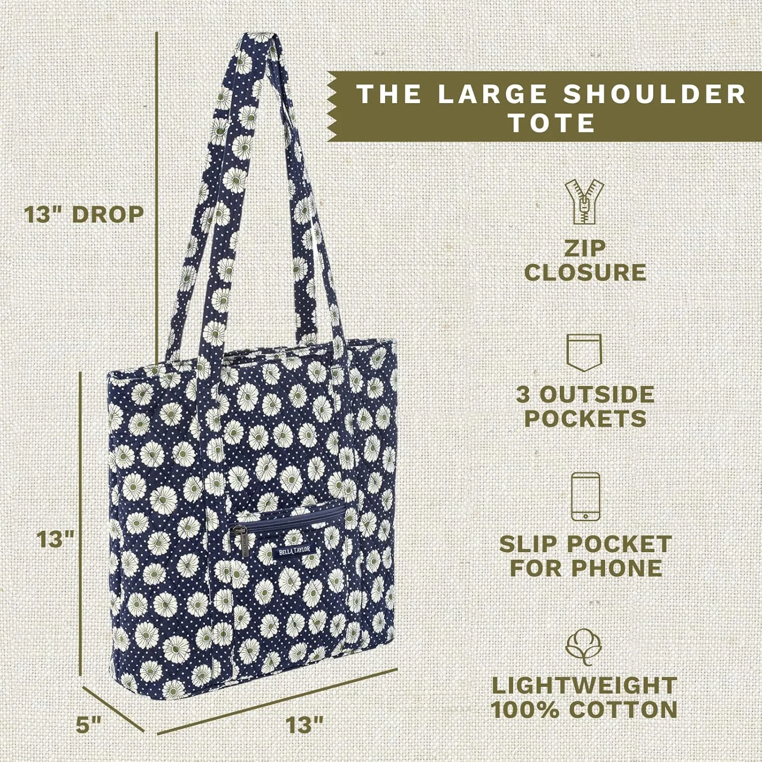 Bella Taylor Large Tote | Lightweight Quilted Fabric Tote Bags for Women