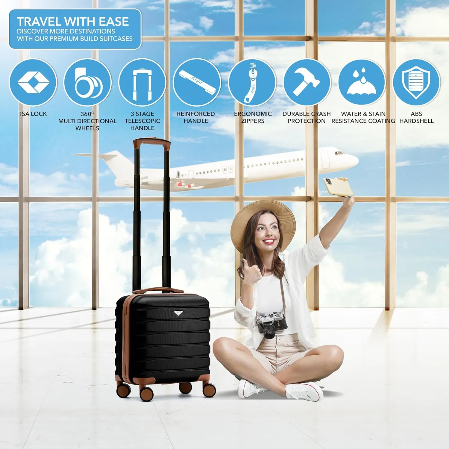 Carry On Suitcase 18x14x8 Hardside Built In TSA Lock & USB Port Lightweight Luggage Silent Double Spinner Wheels Maximum Underseat Carry-On Bag For American & United Approved Airlines