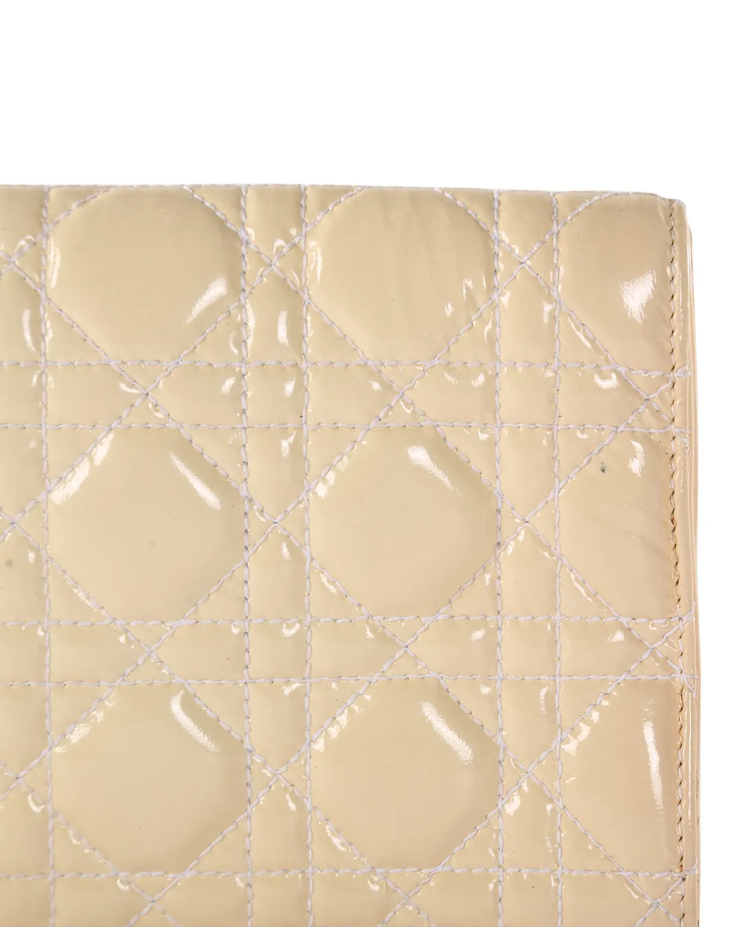 CHRISTIAN DIOR Off White Cannage Patent Leather Foldover Clutch