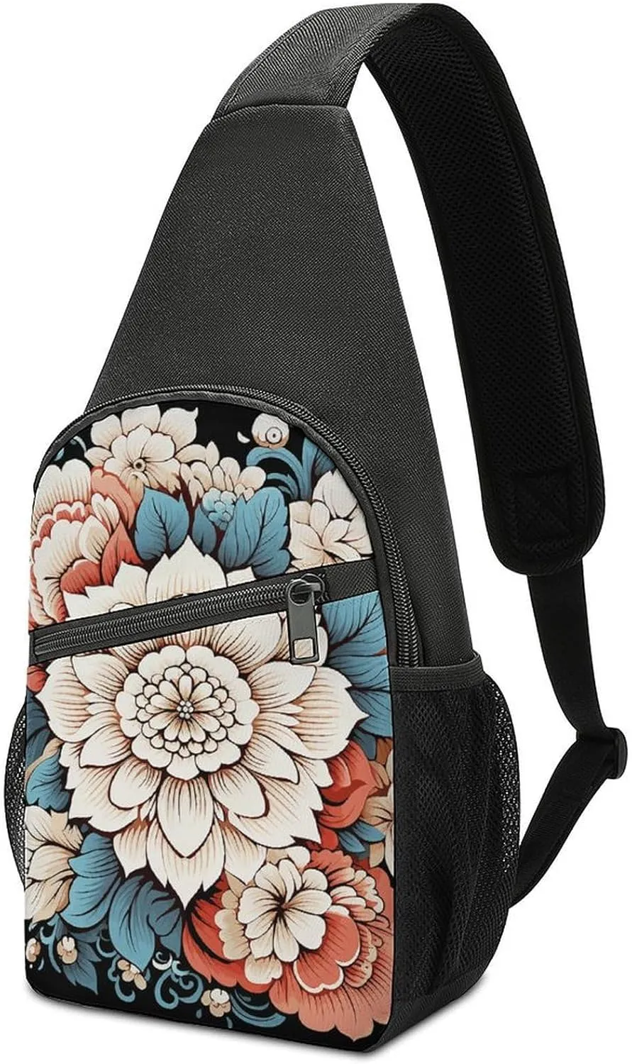 Crossbody Bag for Women Men Sling Bag Floral Swan Chest Bag Crossbody Adjustable Shoulder Bag