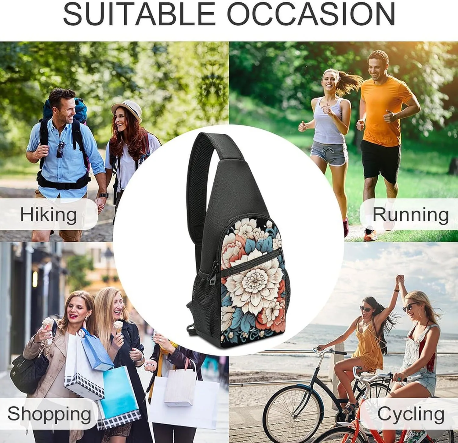 Crossbody Bag for Women Men Sling Bag Floral Swan Chest Bag Crossbody Adjustable Shoulder Bag