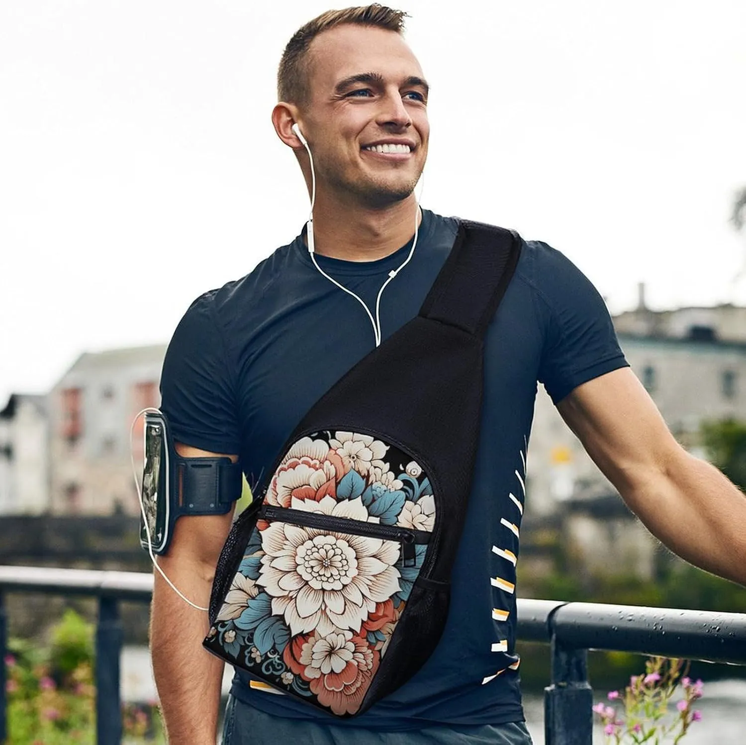 Crossbody Bag for Women Men Sling Bag Floral Swan Chest Bag Crossbody Adjustable Shoulder Bag