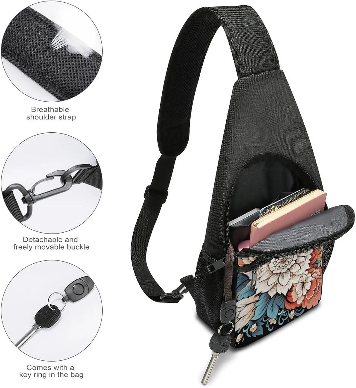 Crossbody Bag for Women Men Sling Bag Floral Swan Chest Bag Crossbody Adjustable Shoulder Bag