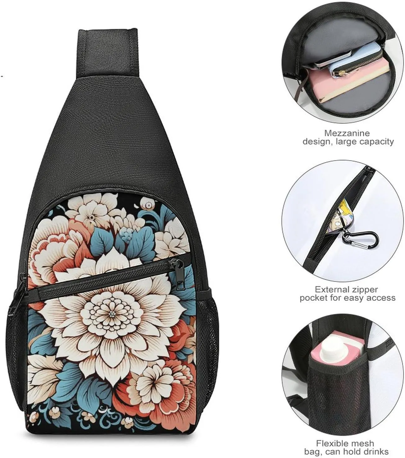 Crossbody Bag for Women Men Sling Bag Floral Swan Chest Bag Crossbody Adjustable Shoulder Bag