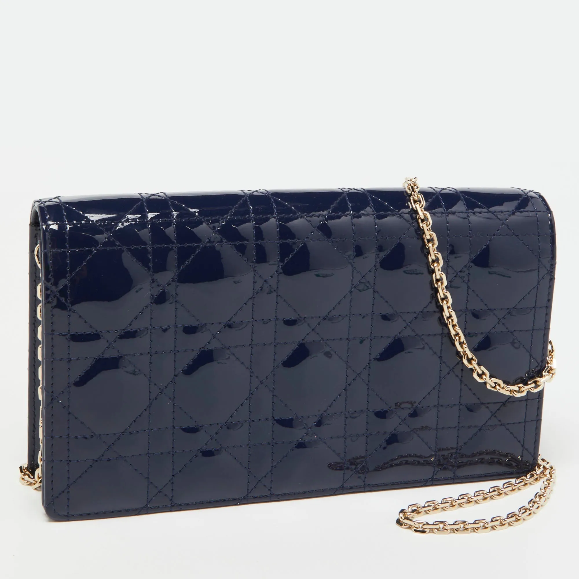 DIOR Navy Blue Cannage Patent Leather Lady  Chain Clutch