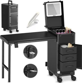 EASYINBEAUTY Rolling Portable Manicure Table with 3 Drawers, Mirror & Nail Polish Organizer, Lockable Makeup Train Case with Foldable Nail Desk, Cosmetic Travel Case for Workstation Mobile, Nail tech