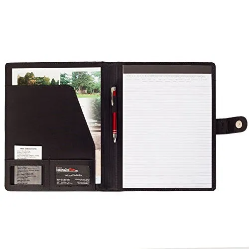 eFolio(TM) Genuine Pebble Grain Leather Business or Student Portfolio Padfolio with Replaceable Notepad, Document Holder, Card Holder, Pen Holder and Snap Closure, Black