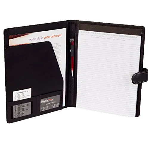 eFolio(TM) Genuine Pebble Grain Leather Business or Student Portfolio Padfolio with Replaceable Notepad, Document Holder, Card Holder, Pen Holder and Snap Closure, Black