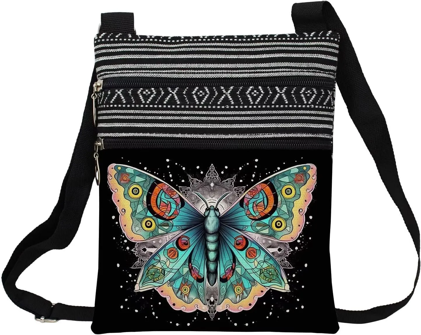 Fancy Butterfly Messenger Bag Small Ethnic Pattern Adjustable Strap Crossbody Zipper Bag Fancy Butterfly Phone Bag Wallet Cute Shoulder Handbag for Butterfly Lovers Women
