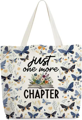 Floral Book Tote for Women - Just One More Chapter, Canvas Butterfly Library Bag, Reading Shoulder Tote, Gift for Book Lovers, Librarians, Bookworms