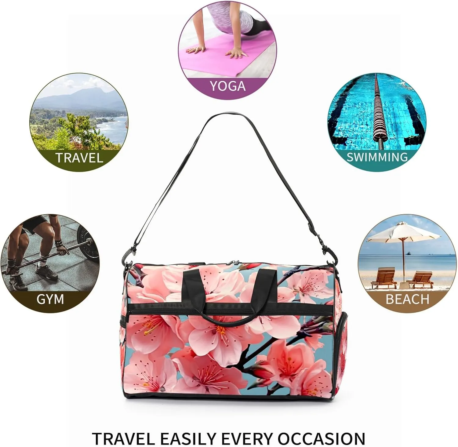 Gym Bag for Women Men, Yoga Bag with Shoe Pocket, Travel Duffel Tote Bag for Plane, Workout, Swimming, Weekend Overnight Bag Carry on Bag Hospital Holdalls, Cute Peach Blossom - 16