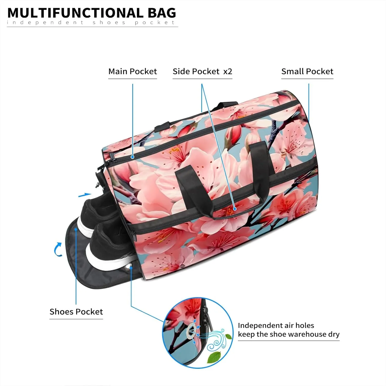 Gym Bag for Women Men, Yoga Bag with Shoe Pocket, Travel Duffel Tote Bag for Plane, Workout, Swimming, Weekend Overnight Bag Carry on Bag Hospital Holdalls, Cute Peach Blossom - 16