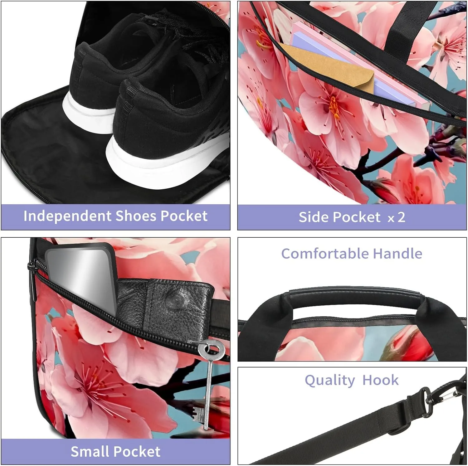 Gym Bag for Women Men, Yoga Bag with Shoe Pocket, Travel Duffel Tote Bag for Plane, Workout, Swimming, Weekend Overnight Bag Carry on Bag Hospital Holdalls, Cute Peach Blossom - 16