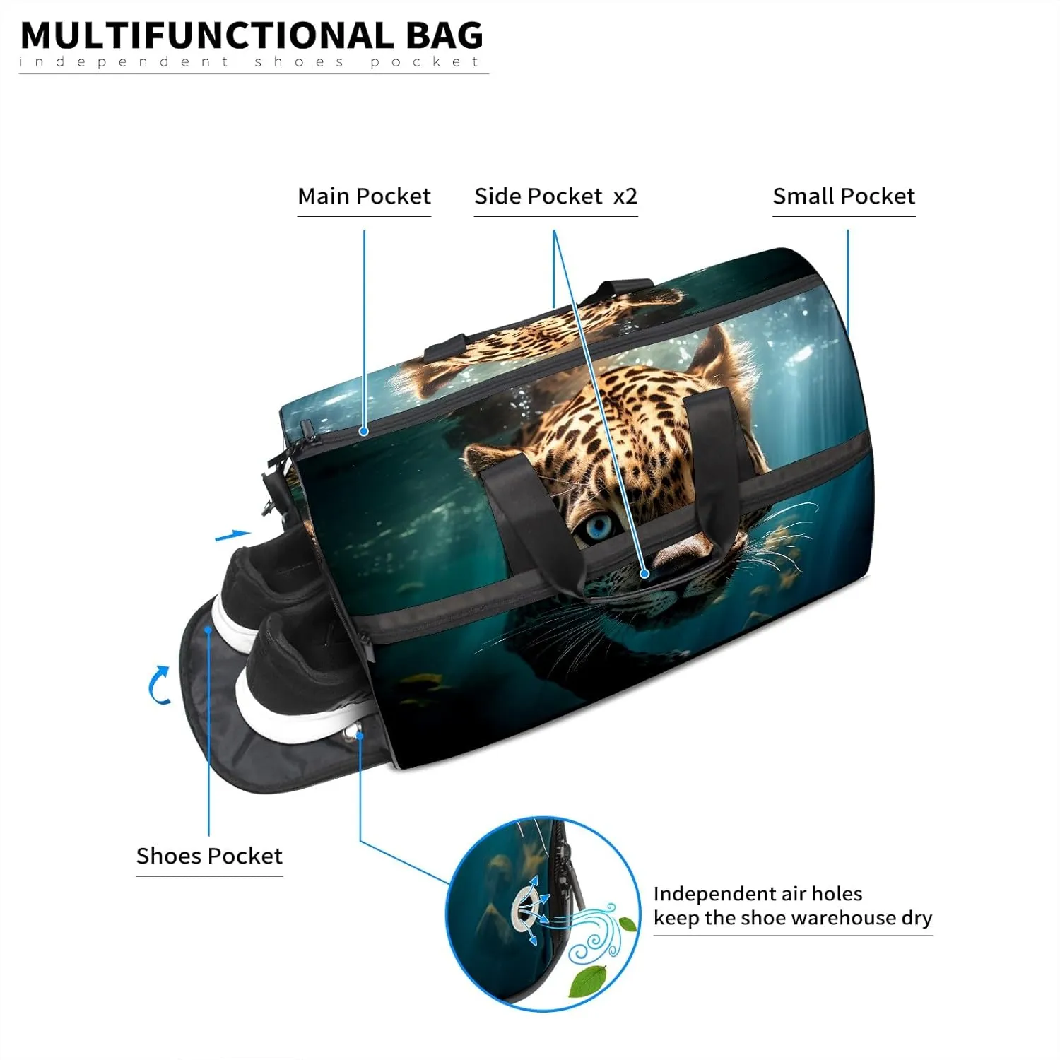 Gym Bag Women's Sports Yoga Bag - Fits up to 13.3" Laptop   Shoe Compartment, Overnight Weekender Bag Travel Bag, Dance Bag, Cheetah Underwater - 2