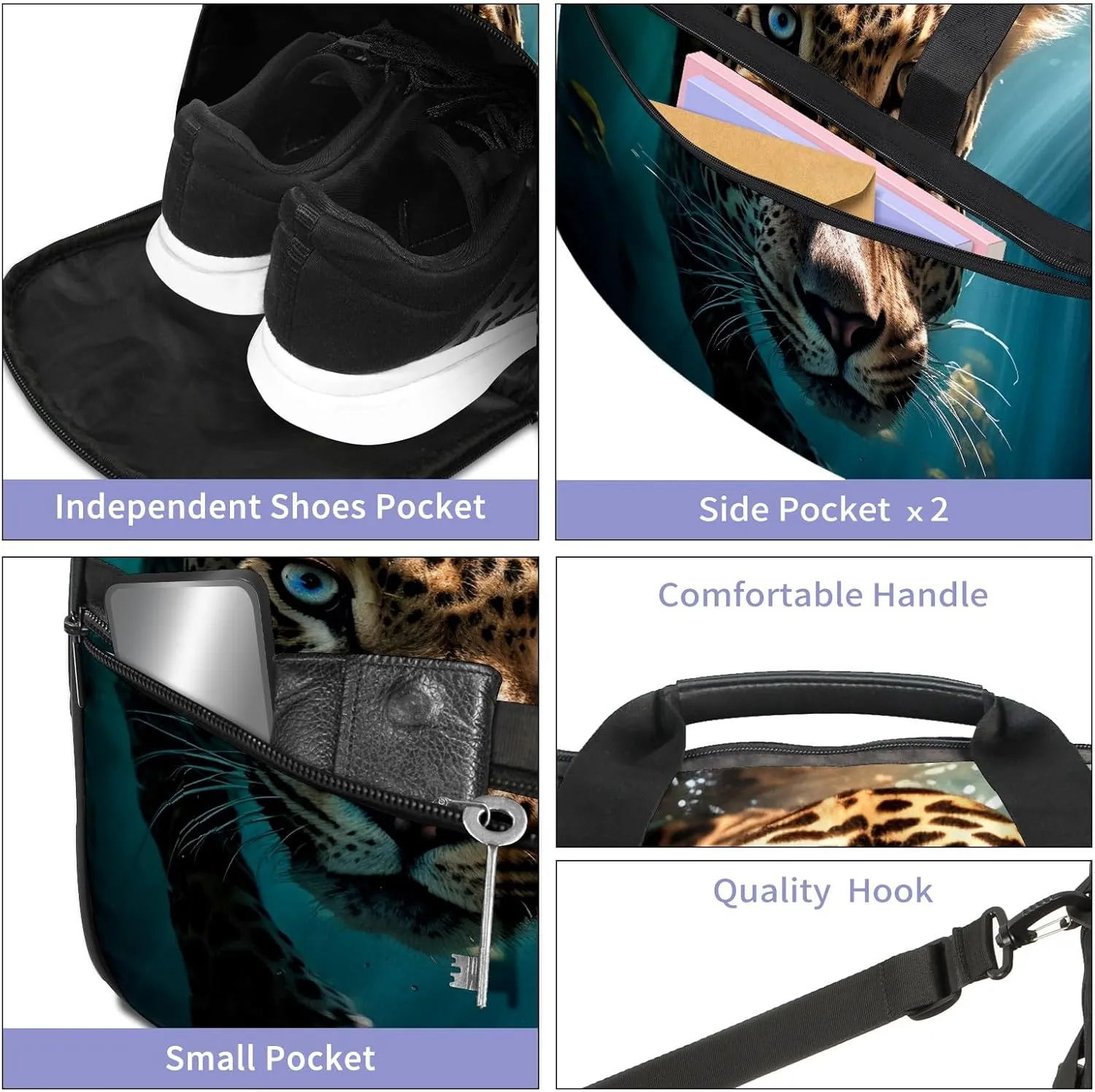 Gym Bag Women's Sports Yoga Bag - Fits up to 13.3" Laptop   Shoe Compartment, Overnight Weekender Bag Travel Bag, Dance Bag, Cheetah Underwater - 2