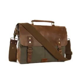 Handmade Waxed Canvas & Leather Satchel Messenger Bag - Army Green/Brown