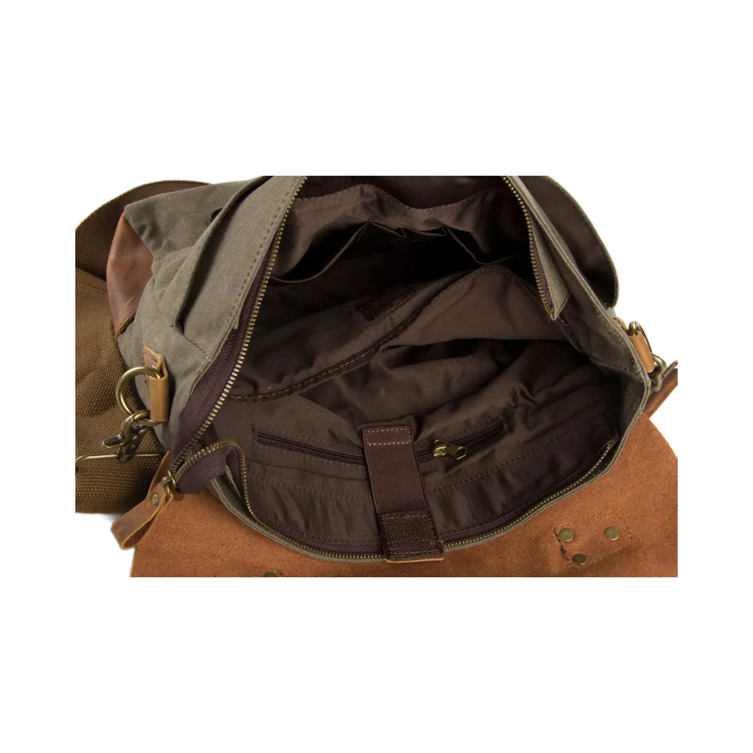 Handmade Waxed Canvas & Leather Satchel Messenger Bag - Army Green/Brown
