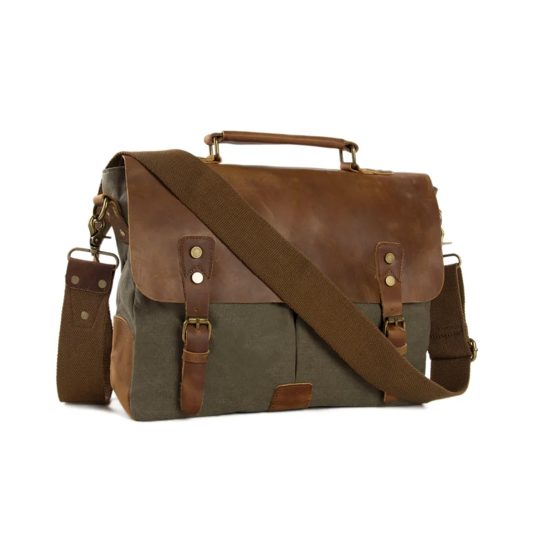 Handmade Waxed Canvas & Leather Satchel Messenger Bag - Army Green/Brown