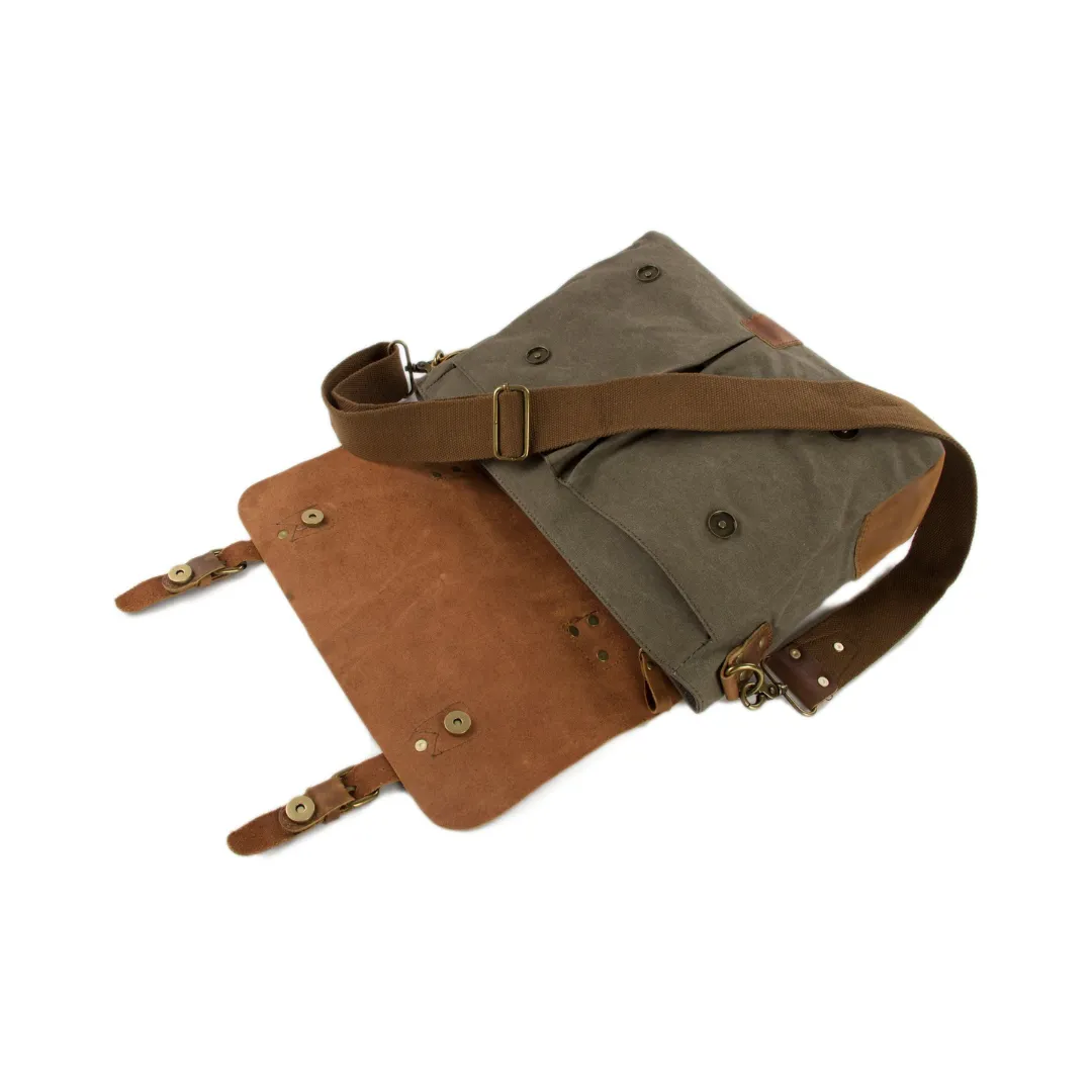 Handmade Waxed Canvas & Leather Satchel Messenger Bag - Army Green/Brown