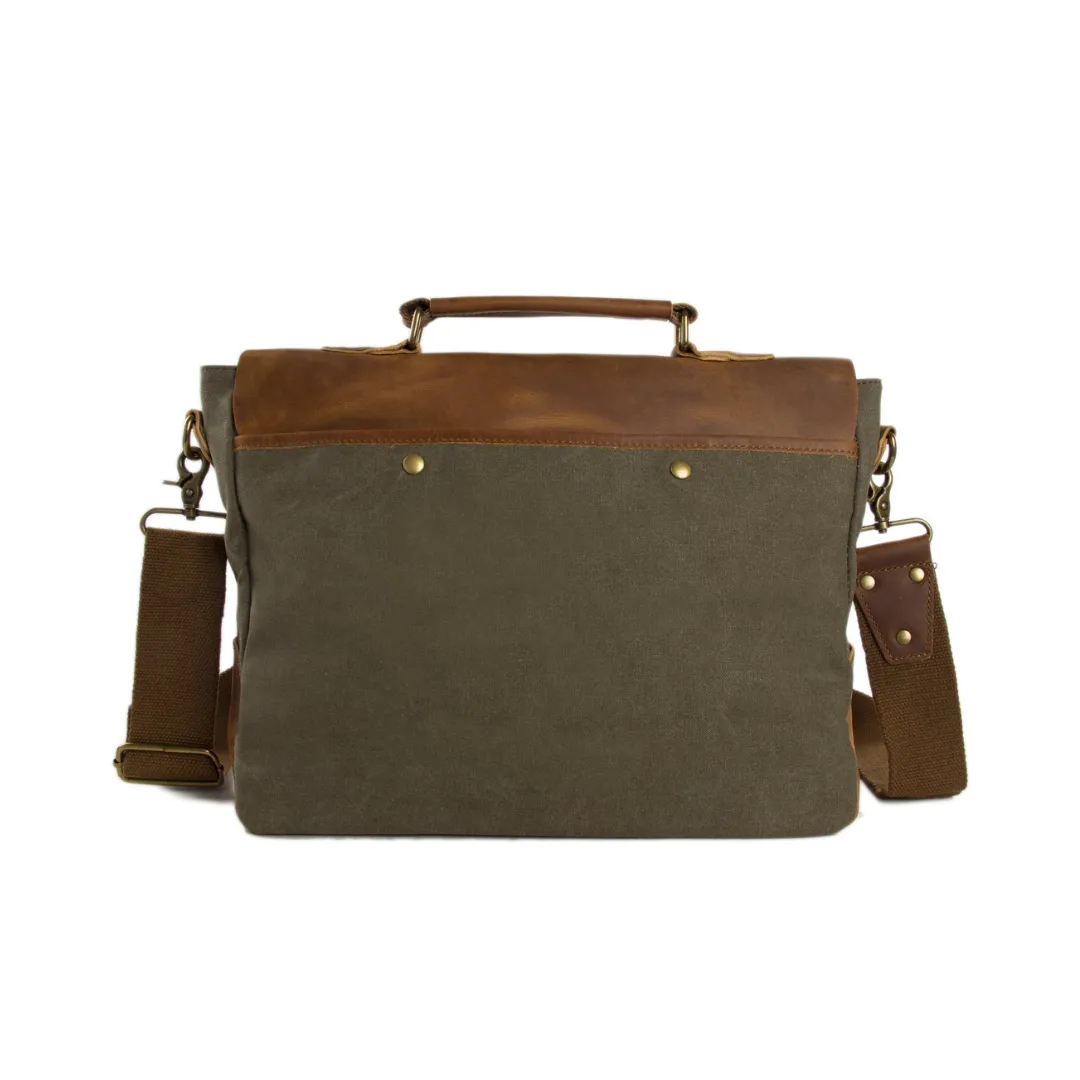 Handmade Waxed Canvas & Leather Satchel Messenger Bag - Army Green/Brown