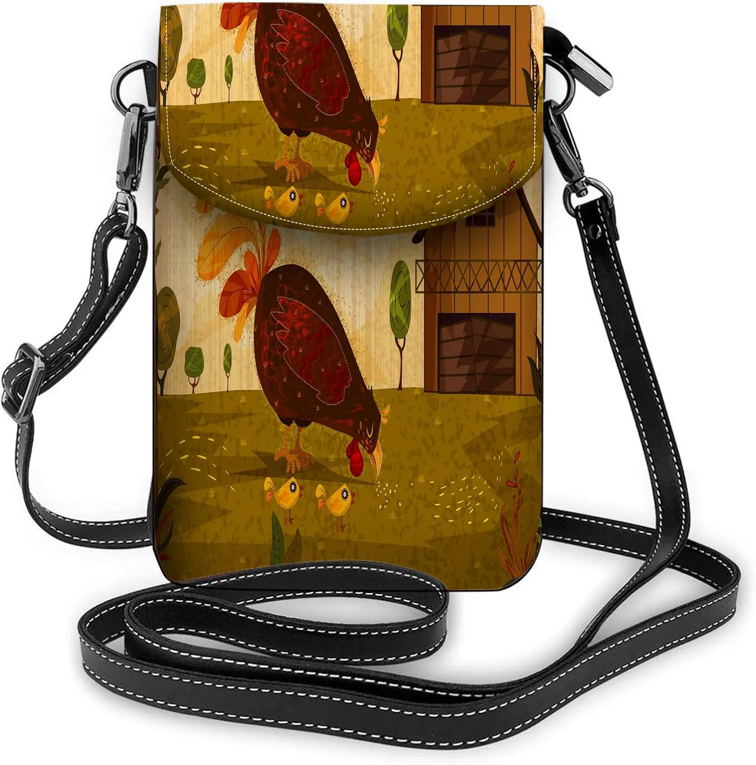 Hen With Chicks Crossbody Cell Phone Purse Farm Animal Pet Bird Cock Chicken Meadow Rural Wing Tree NatureWallet Handbag