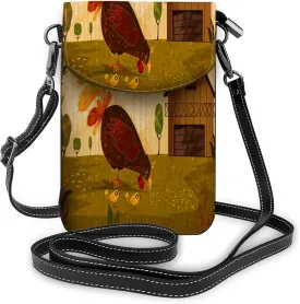 Hen With Chicks Crossbody Cell Phone Purse Farm Animal Pet Bird Cock Chicken Meadow Rural Wing Tree NatureWallet Handbag