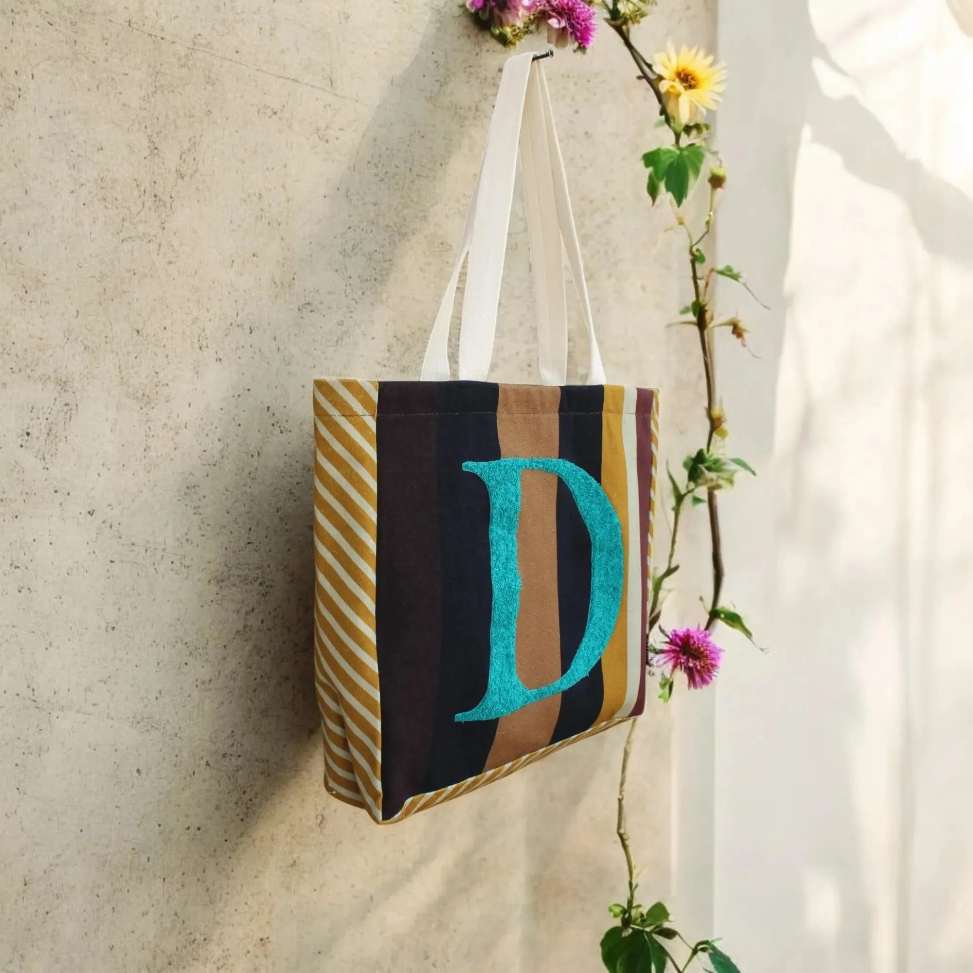 House of Omaya ( D )Alphabet Printed Customizable Embroidery Name Initial Canvas Tote bag 34x36 cm. Personalized tote bag Name Initial tote bag