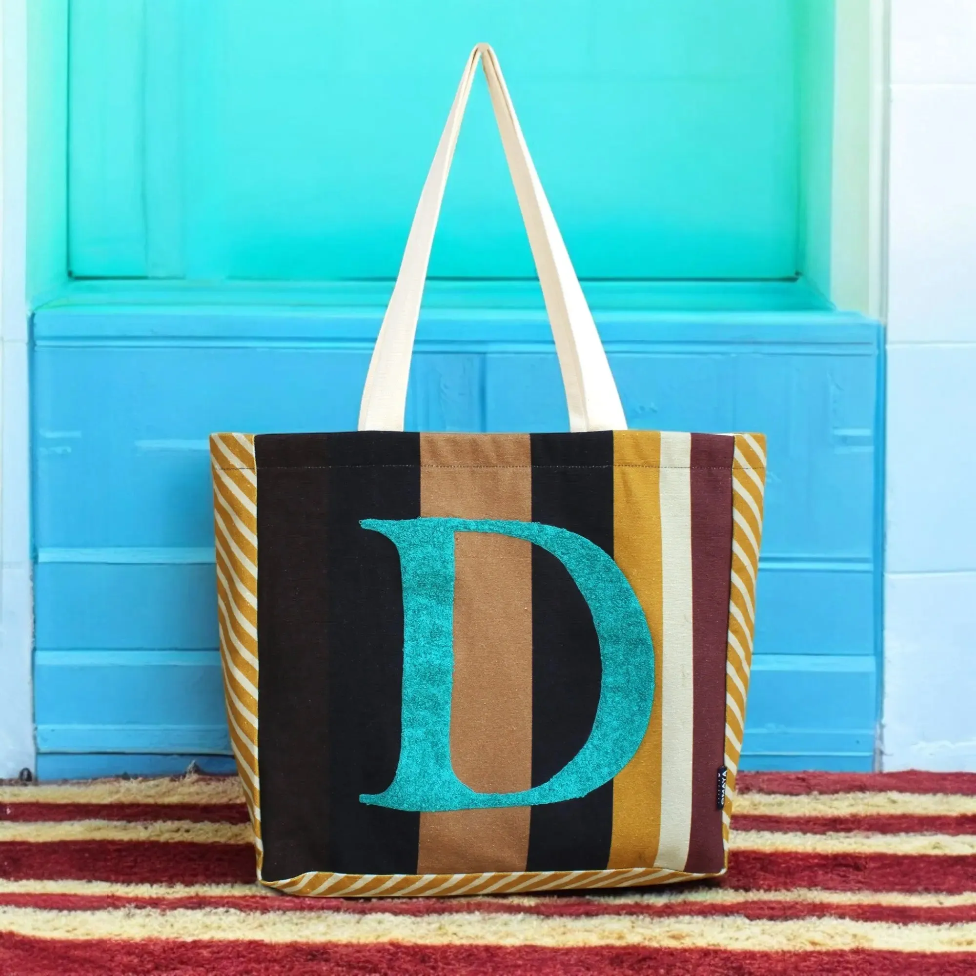House of Omaya ( D )Alphabet Printed Customizable Embroidery Name Initial Canvas Tote bag 34x36 cm. Personalized tote bag Name Initial tote bag