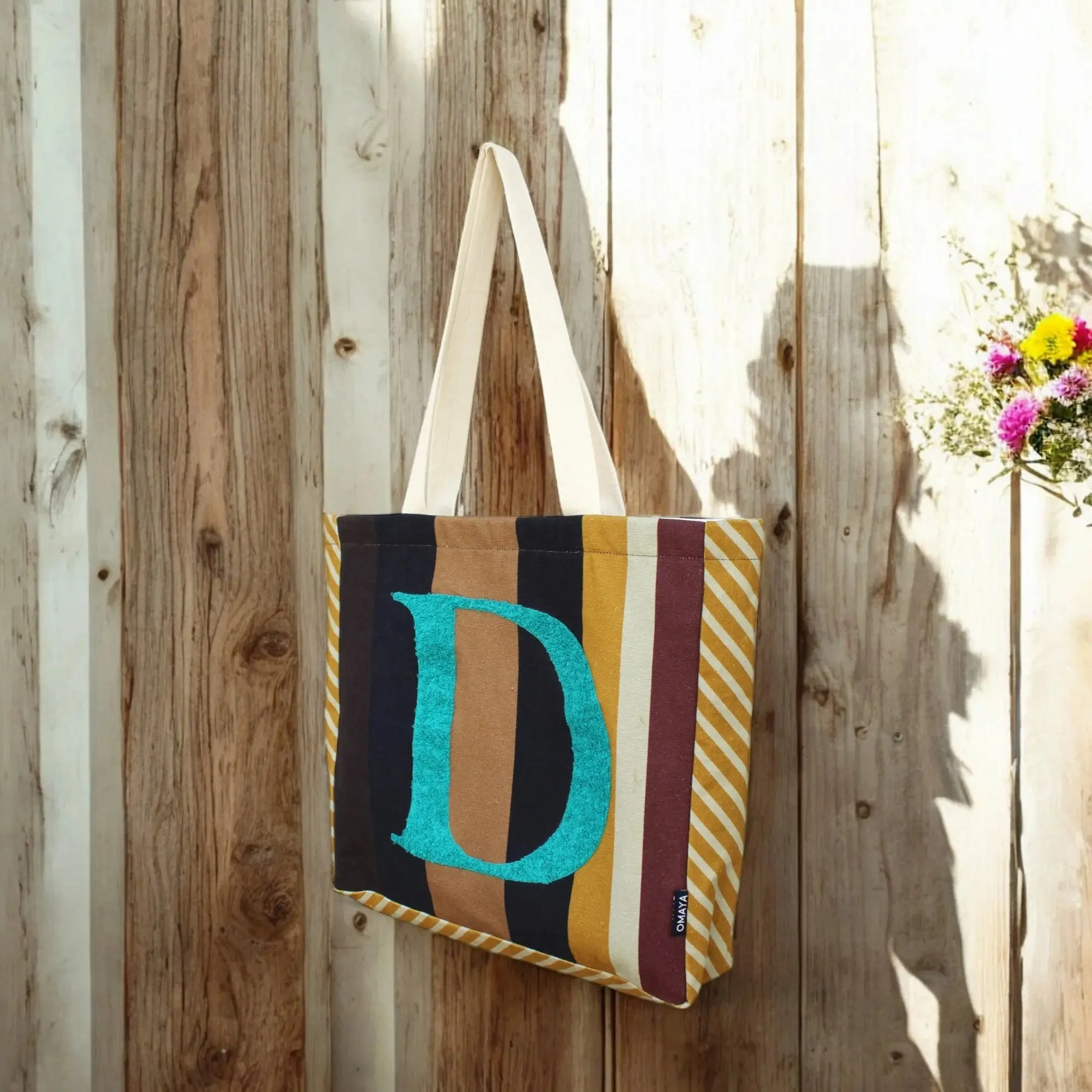 House of Omaya ( D )Alphabet Printed Customizable Embroidery Name Initial Canvas Tote bag 34x36 cm. Personalized tote bag Name Initial tote bag