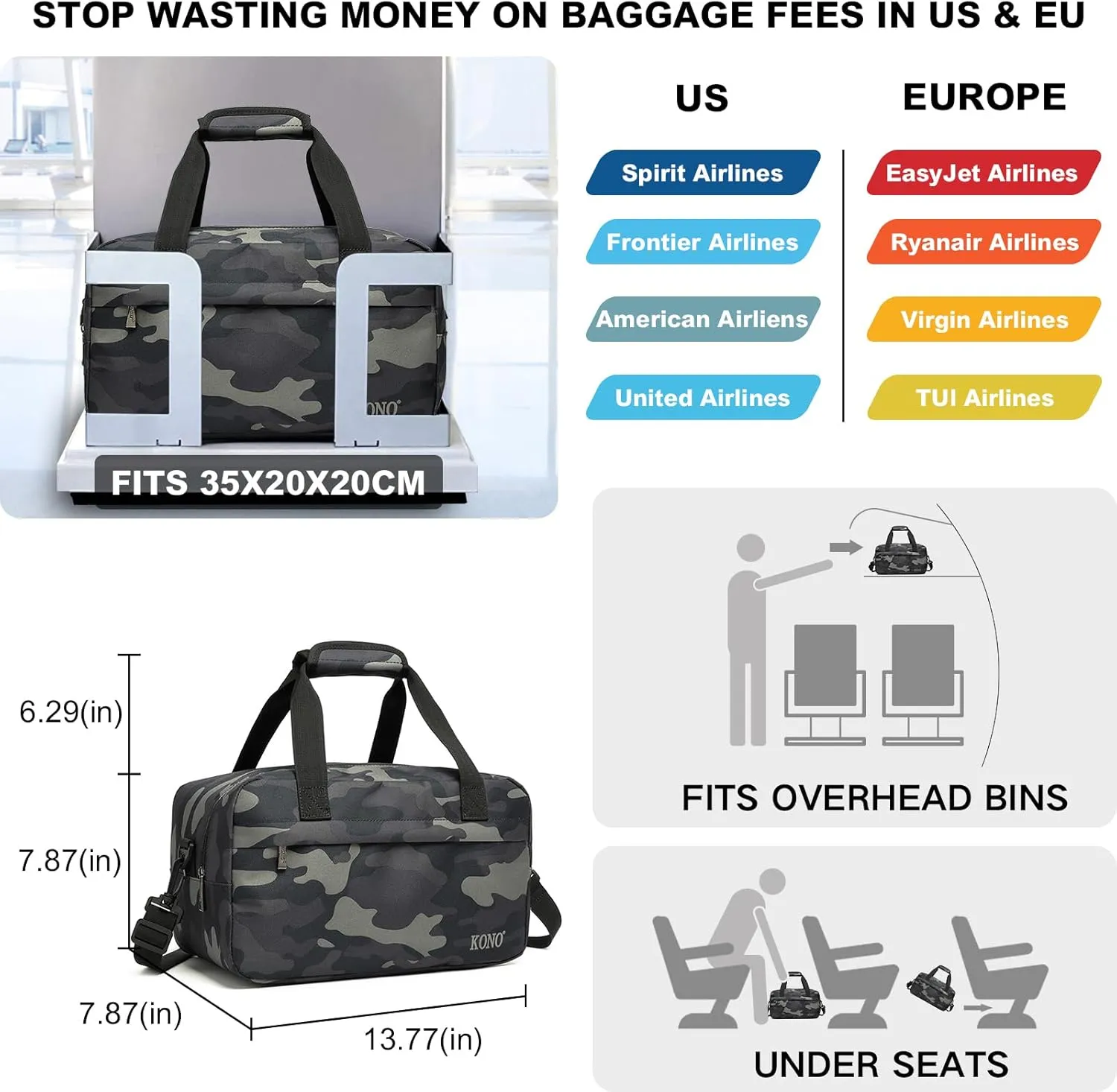 Kono Travel Duffel - 14L Under Seat Carry-On Sports Tote Gym Weekender Overnight Bag - 13.78"x7.87"x7.87" Camo