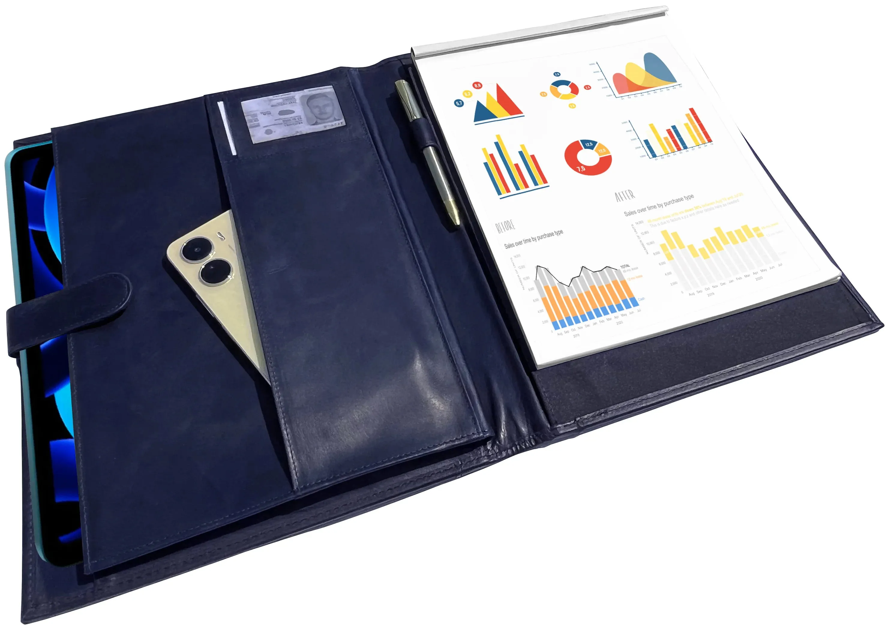 Leather Padfolio Handmade Document Organizer (Royal Blue)