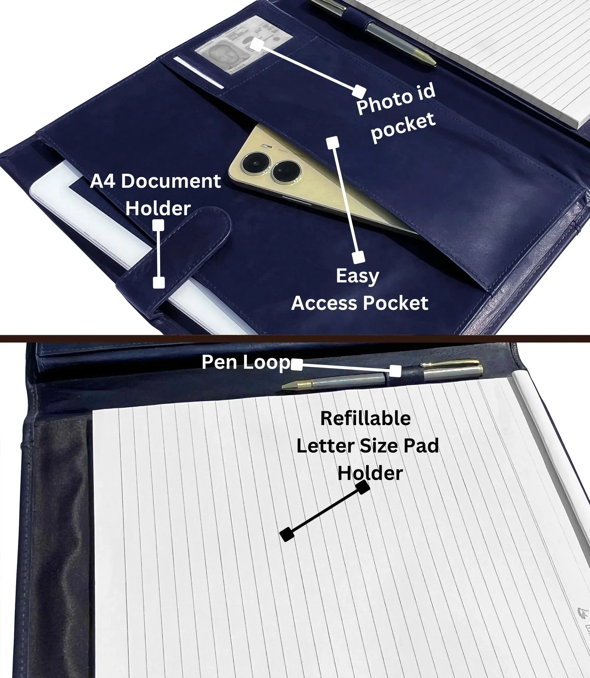 Leather Padfolio Handmade Document Organizer (Royal Blue)