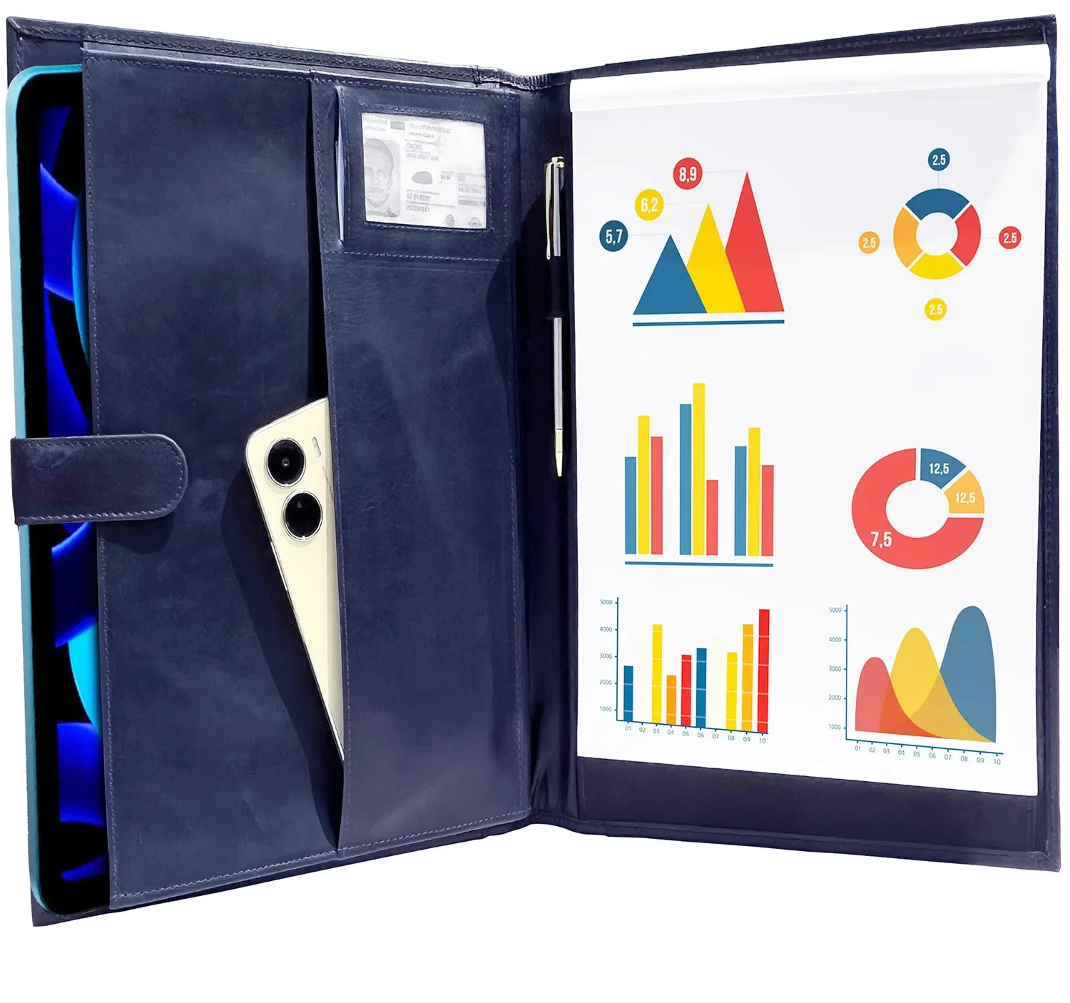 Leather Padfolio Handmade Document Organizer (Royal Blue)