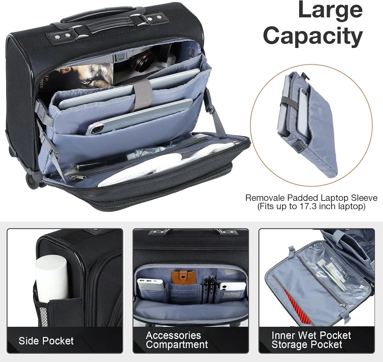 Lekebobor Rolling Laptop Bag with 3 Packing Cubes Rolling Laptop Briefcase on Wheels for Women/Men Fits Up to 17.3Inch computer Bags Water Resistant for Work Travel and Business,