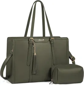 LOVEVOOK Laptop Bag for Women - 15.6 inch Lightweight PU Laptop Tote, Large Capacity Computer Bag with Clutch Purse for Business, Work, Travel, School, Casual (Olive Green, 15.6 Inch)