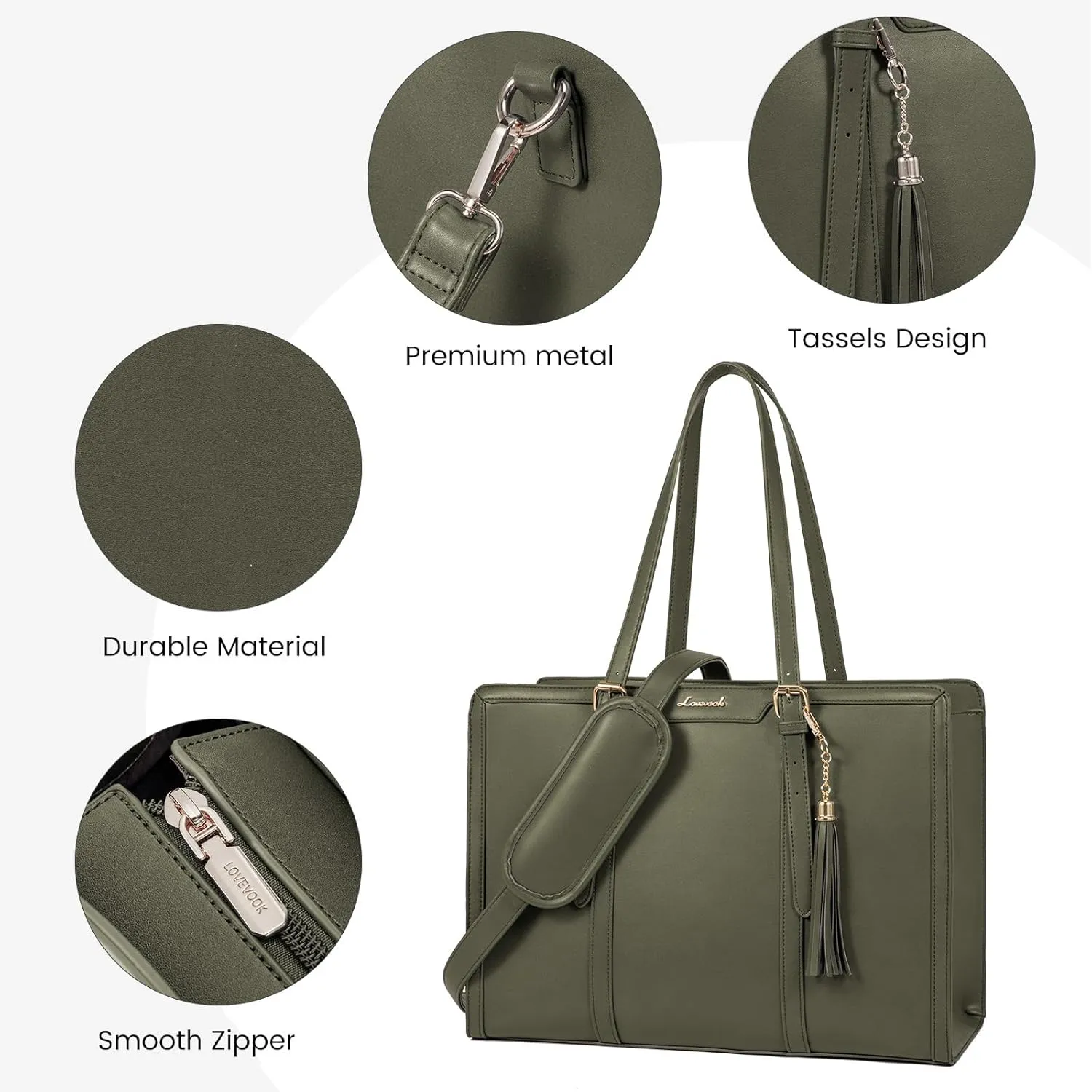 LOVEVOOK Laptop Bag for Women - 15.6 inch Lightweight PU Laptop Tote, Large Capacity Computer Bag with Clutch Purse for Business, Work, Travel, School, Casual (Olive Green, 15.6 Inch)