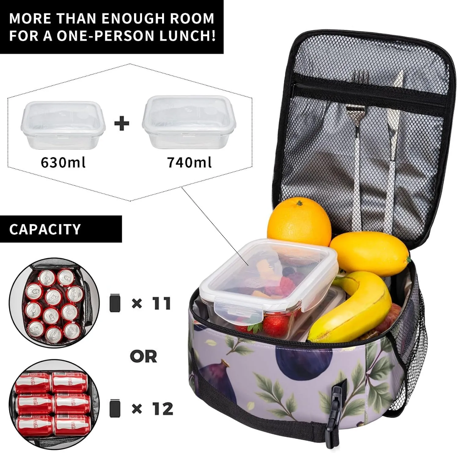 Lunch Bag Purple Figs Insulated Lunch Box Reusable Lunch Bag Women Men Cooler Tote Bag Work Picnic Office