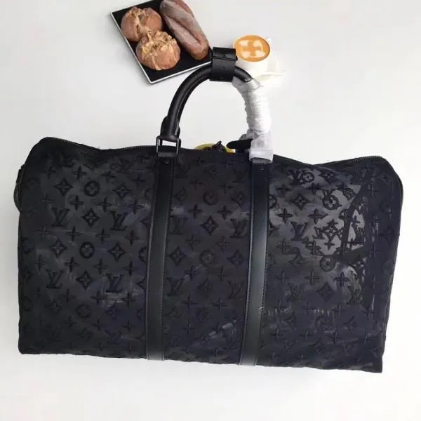 Men&#8217;s Keepall Bandoulière 50 Monogram Embroidered Mesh Travel Bag M53971 Black 2019 Collection