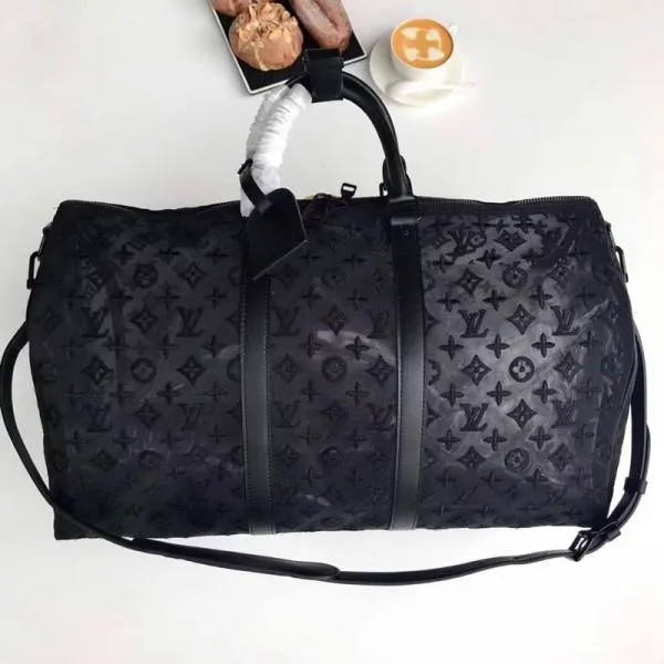 Men&#8217;s Keepall Bandoulière 50 Monogram Embroidered Mesh Travel Bag M53971 Black 2019 Collection