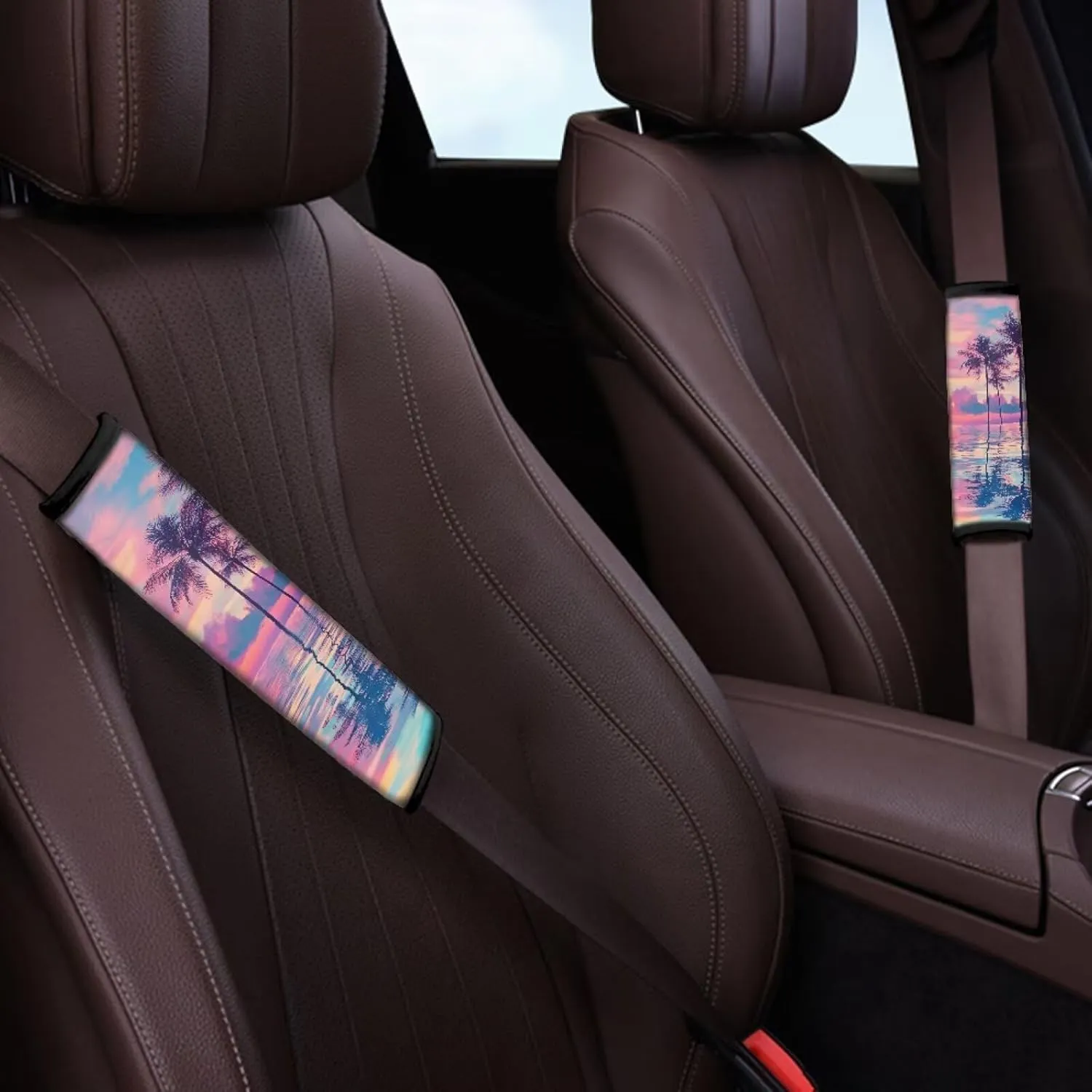 Pensura Beach Palm Tree Seat Belt Covers Set of 2, Adjustable Belt Strap Shoulder Pads for Women Girls Men, Interior Car Accessories Decor