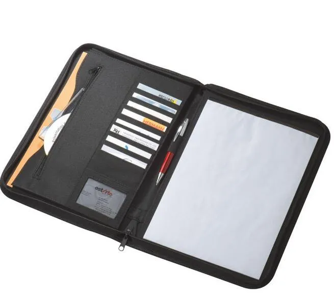 Professional Luxury Genuine Leather A4 Compendium Zip Around Smooth Leather Strap Business Portfolio