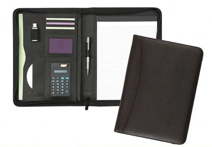 Professional Luxury Genuine Leather A4 Compendium Zip Around Smooth Leather Strap Business Portfolio