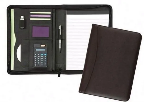 Professional Luxury Genuine Leather A4 Compendium Zip Around Smooth Leather Strap Business Portfolio