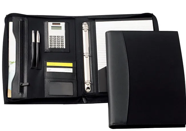 Professional Luxury Genuine Leather A4 Compendium Zip Around Smooth Leather Strap Business Portfolio