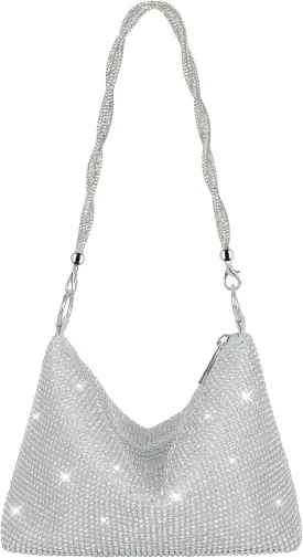 Rhinestone Clutch Purse for Women, Sparkly Hobo Bag Glitter Shoulder Bag Shiny Money Handbag for Date Party Prom