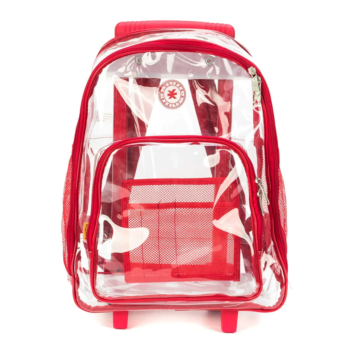 Rolling Clear Backpack Heavy Duty Bookbag Quality See Through Workbag Travel Daypack Transparent School Book Bags with Wheels Red