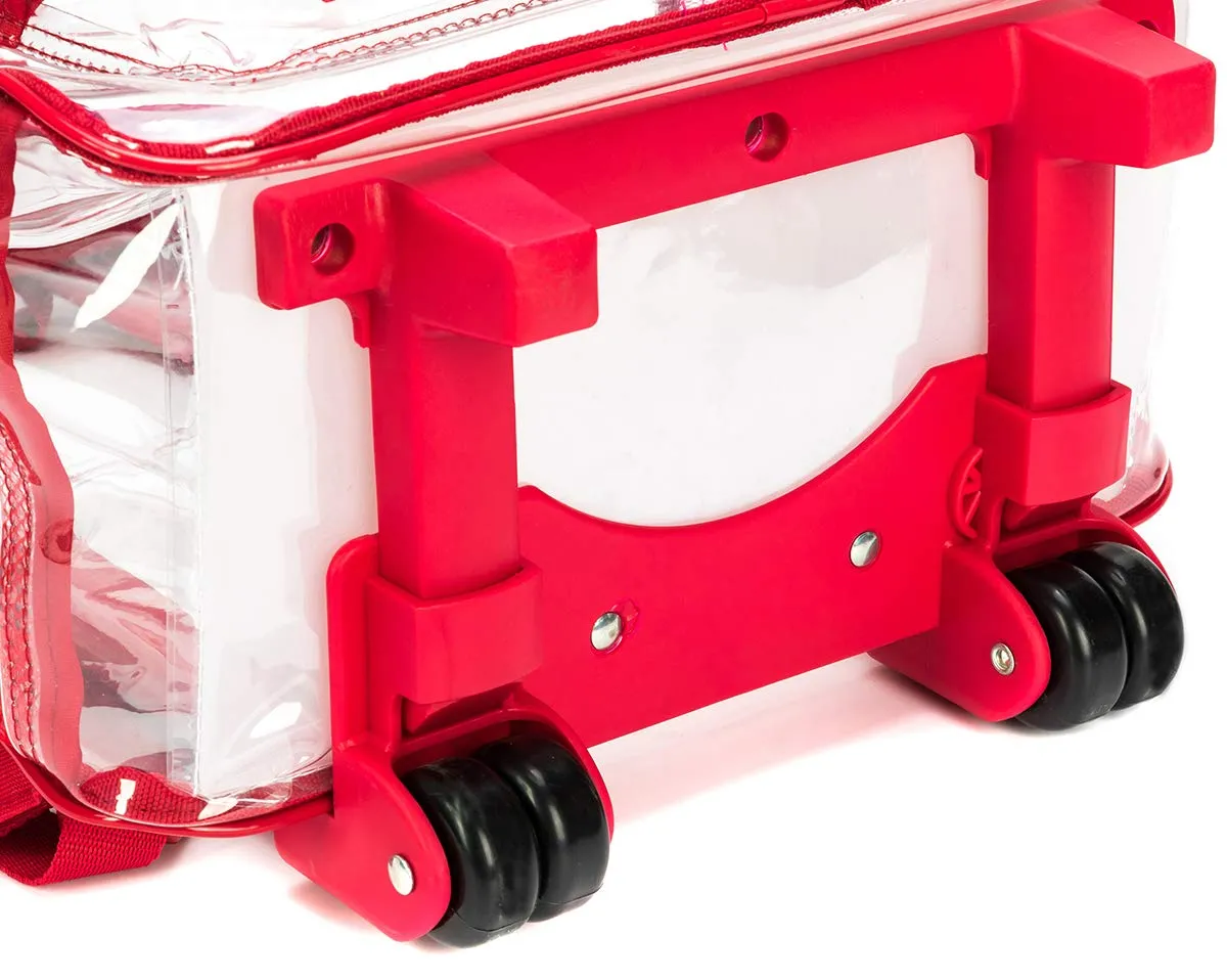 Rolling Clear Backpack Heavy Duty Bookbag Quality See Through Workbag Travel Daypack Transparent School Book Bags with Wheels Red